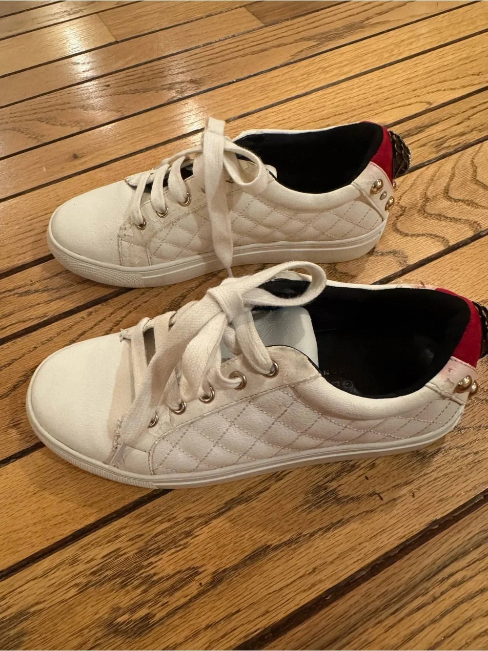 Kurt Geiger Quilted White Lace-Up Sneakers with Red Heel Tab
